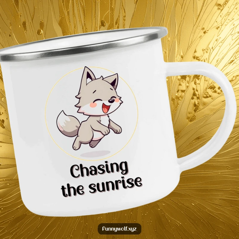 Funny Wolf Camping Mug with a playful wolf chasing its tail, ready for outdoor adventures and joyful moments.