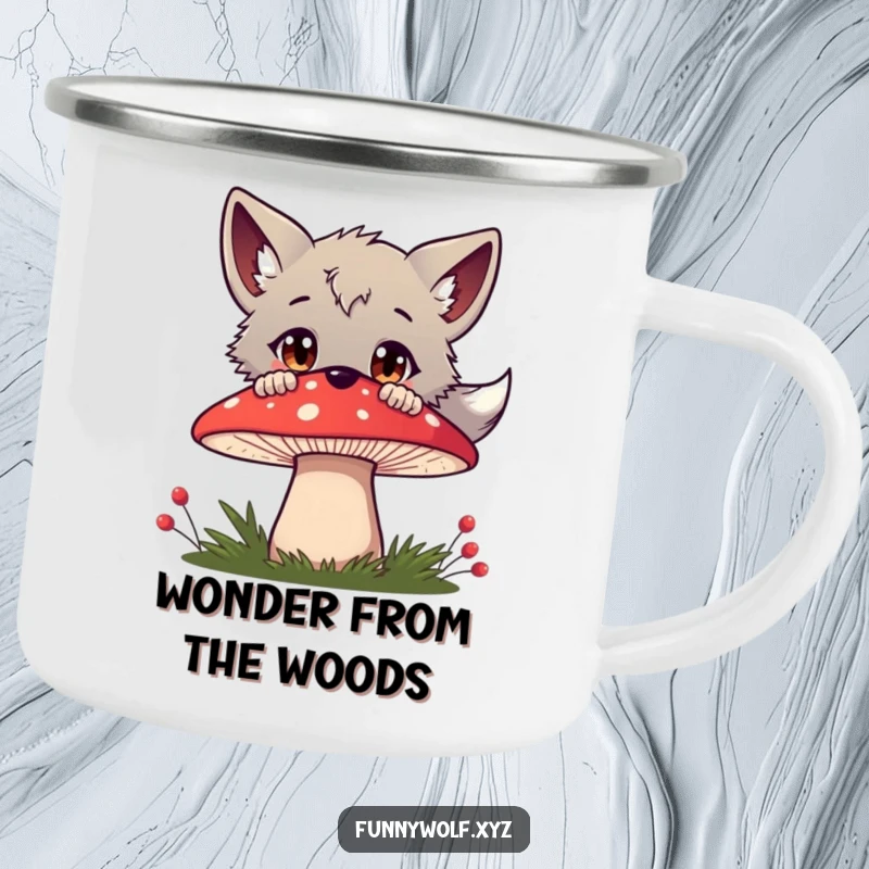 Funny wolf camping mug featuring a curious wolf peeking over a red mushroom, wide-eyed and ready for outdoor exploration.