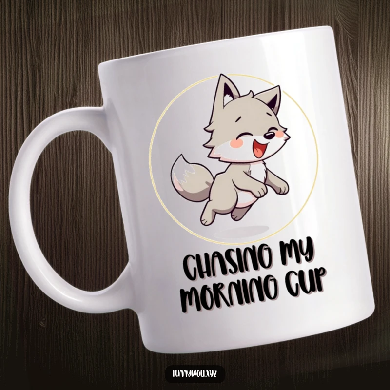 Funny Wolf Mug featuring a playful wolf spinning in a joyful circle while chasing its own tail, radiating happiness.