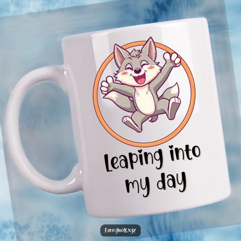 Funny wolf mug featuring an energetic character leaping triumphantly through a hoop, showcasing athleticism and a winning spirit.