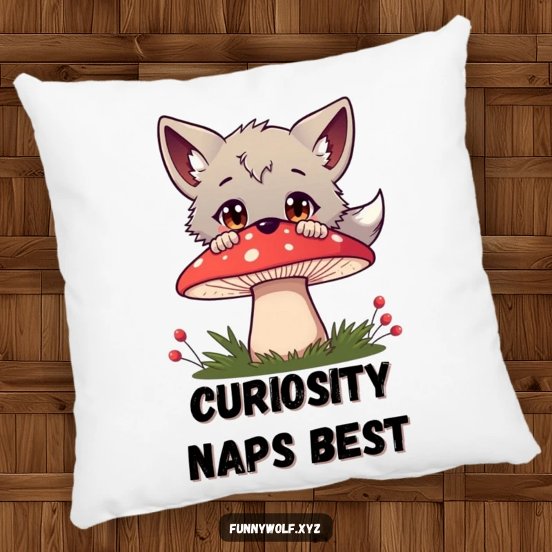 Funny wolf pillow showcasing a curious wolf peeking over a bright red mushroom, wide-eyed and innocent, adding soft forest charm.