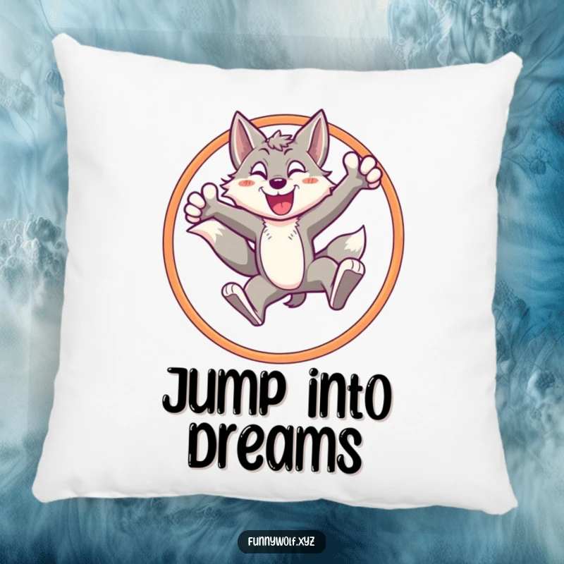 Funny wolf pillow showcasing an energetic wolf leaping through a hoop with a triumphant stance, offering soft, celebratory comfort.
