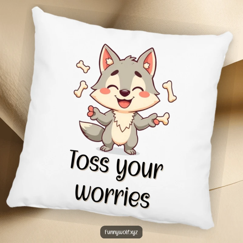 Funny wolf pillow showcasing a happy, grinning wolf character with impressive skill juggling several bones, offering soft, humorous comfort.
