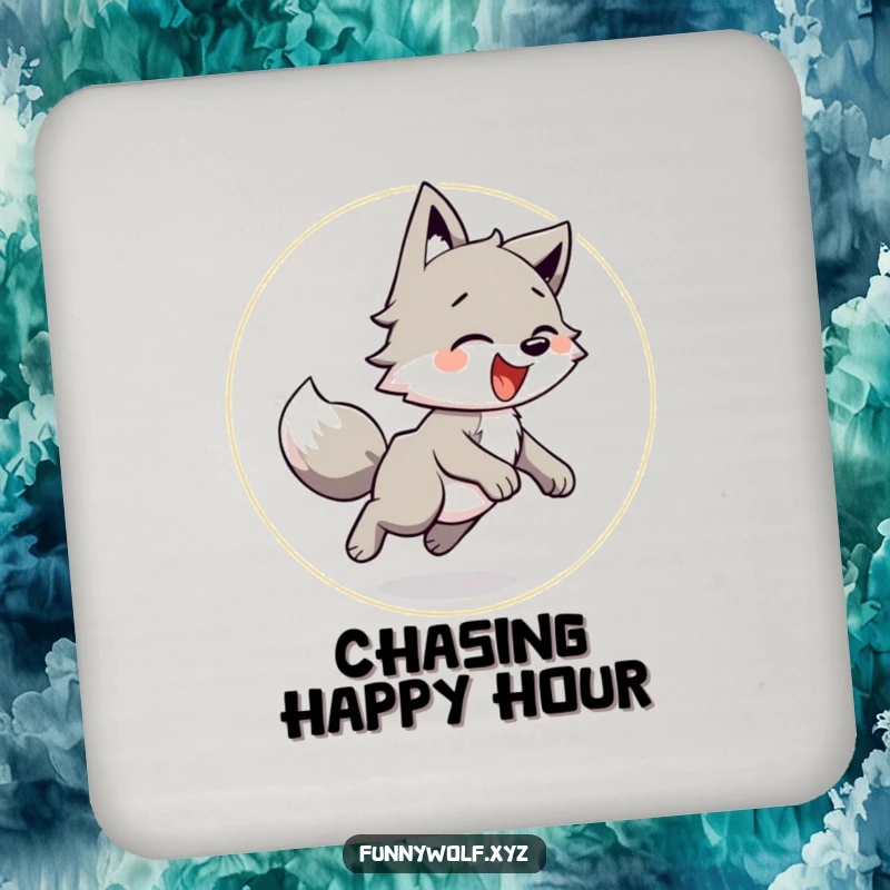 Funny Wolf Coaster depicting a playful wolf chasing its tail in a circle, adding humor and surface protection.