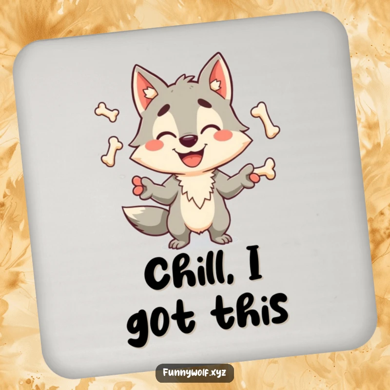 Funny wolf drink coaster showing a happy, grinning wolf character juggling bones, protecting surfaces with humorous charm and style.