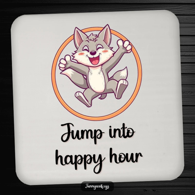 Funny wolf drink coaster showing an energetic wolf leaping through a hoop with a triumphant stance, adding dynamic protection.
