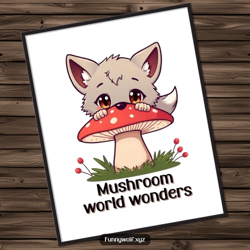 Funny wolf poster illustrating a curious wolf peeking over a large red mushroom, wide eyes conveying surprise and gentle inquisitiveness.