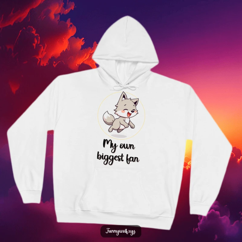 Funny Wolf Hoodie featuring a playful wolf energetically chasing its tail in a joyful circle, offering warmth and humor.