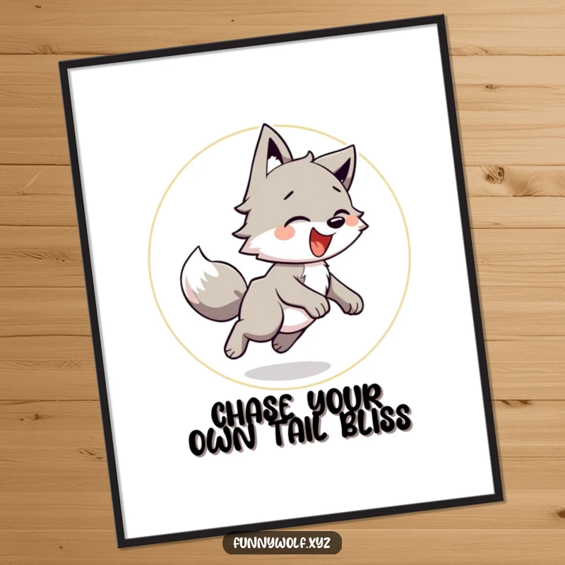 Funny free printable wall art: A playful wolf joyfully chasing its own tail in a happy circle, adding whimsical and humorous energy to the decor.
