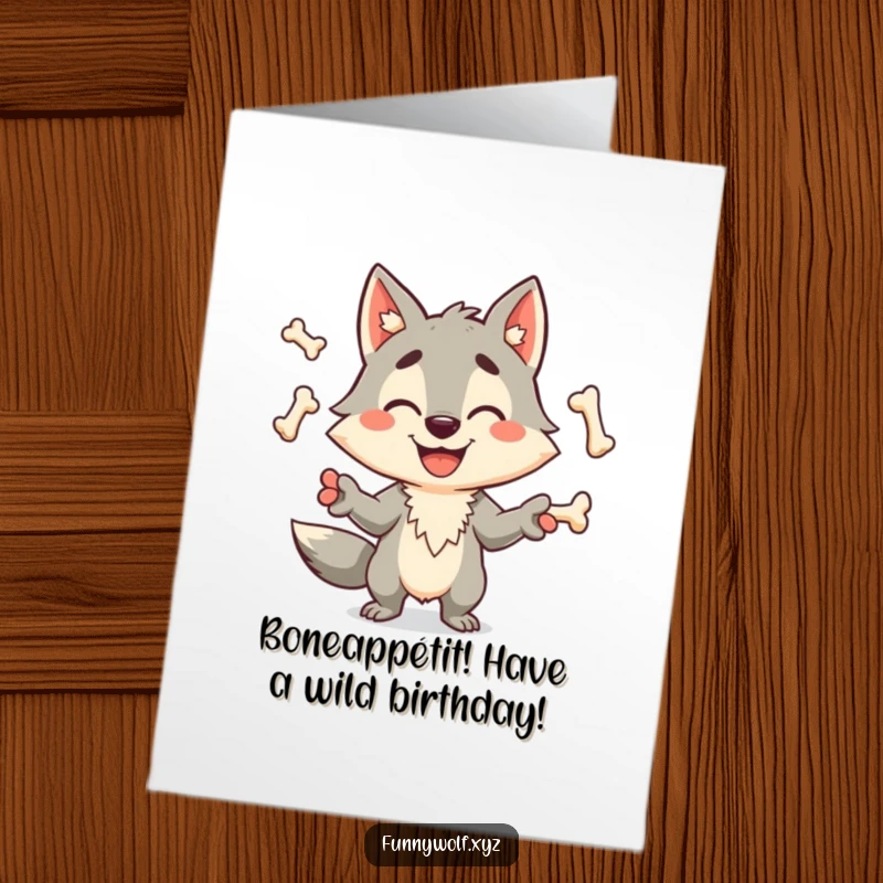 Funny Free Printable Birthday Card: Juggling wolf with a big grin shows off bone juggling skills.