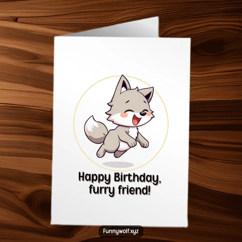 Funny free printable birthday card: A playful wolf joyfully chasing its tail in a happy circle, celebrating the birthday with glee.