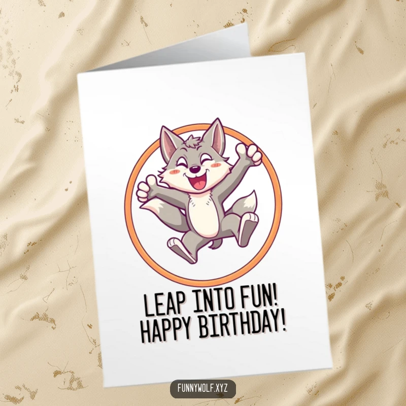 Free Printable Birthday Card: An energetic wolf triumphs leaping through a hoop with a proud stance.