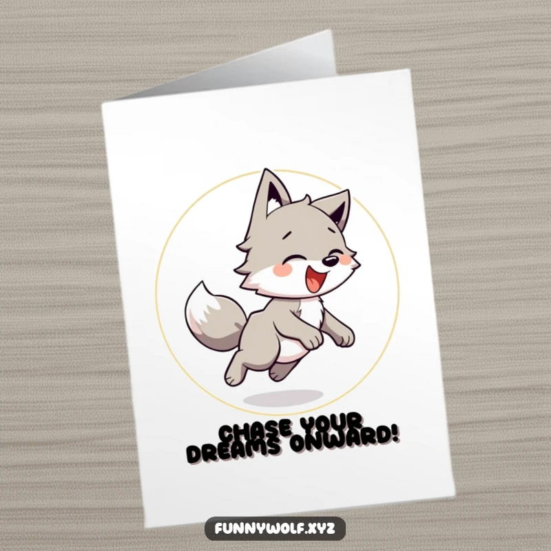 Funny free printable congratulations card: A wolf joyfully chasing its tail in a circular motion, celebrating success with energetic happiness.