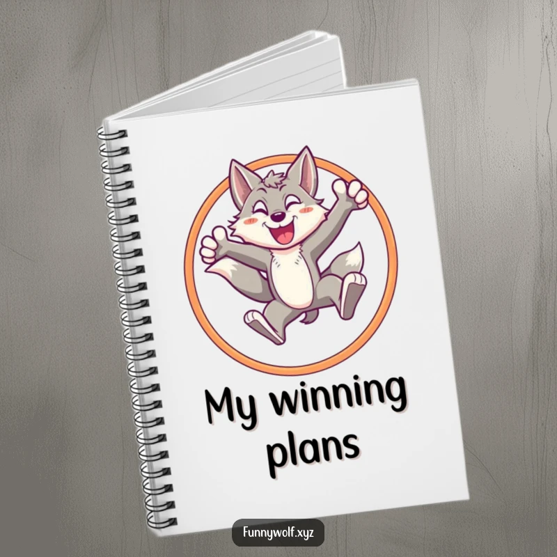 Funny wolf notebook with an energetic wolf leaping through a hoop, its triumphant stance encouraging you to write down your achievements.