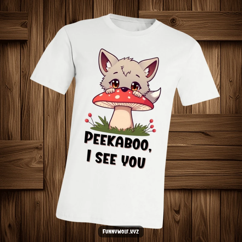 Funny wolf t-shirt featuring a curious wolf peeking over a bright red mushroom, eyes wide with surprise and fascination in a forest setting.