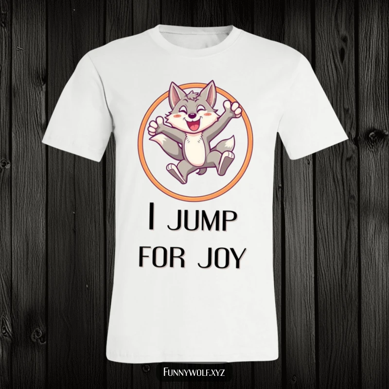 Funny wolf t-shirt displaying an energetic wolf character mid-leap through a hoop, striking a triumphant pose with athletic grace.