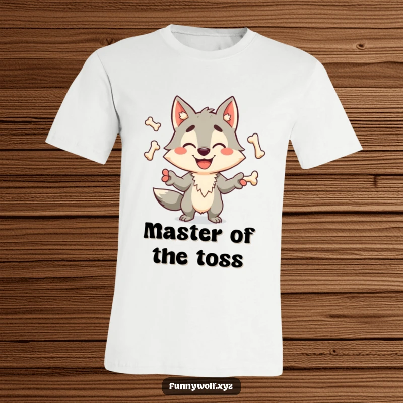 Funny wolf t-shirt showcasing a happy canine character expertly juggling bones with a wide, cheerful grin and impressive dexterity.