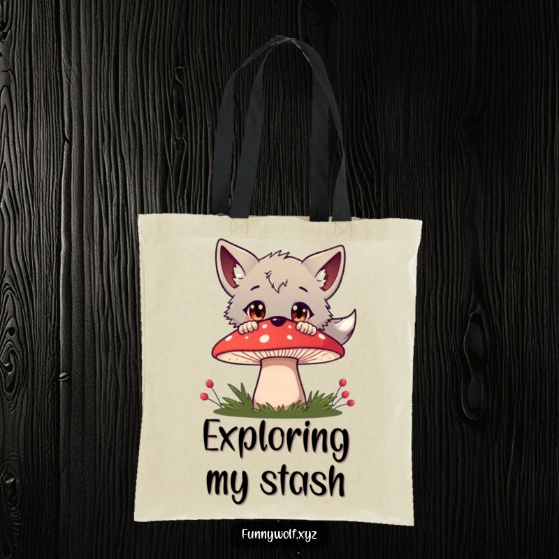 Funny wolf tote bag with a curious wolf character peeking over a bright red mushroom, wide-eyed with wonder, perfect for woodland errands.