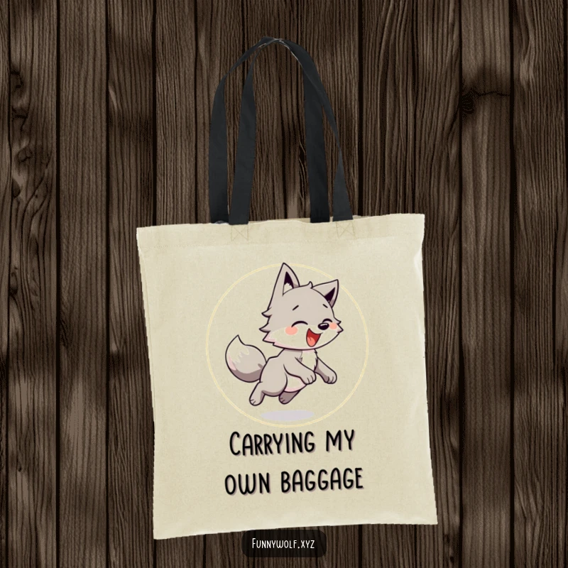 Funny Wolf Tote Bag showcasing a playful wolf happily chasing its tail in a circle, perfect for carrying essentials with humor.